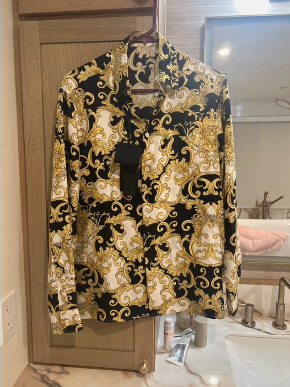 Women Black & Gold Baroque Print Women's Silk Shirt